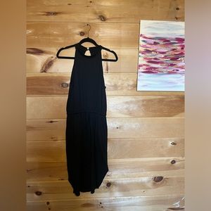 Black knee length halter top fitted dress